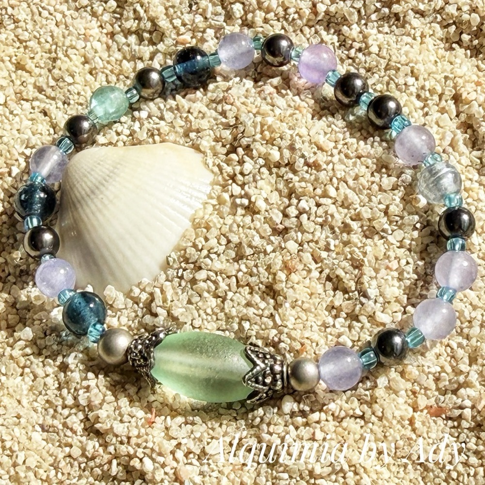 PURPLE JADE + Aquamarine, Lavender & Teal Beaded Stretch Bracelet